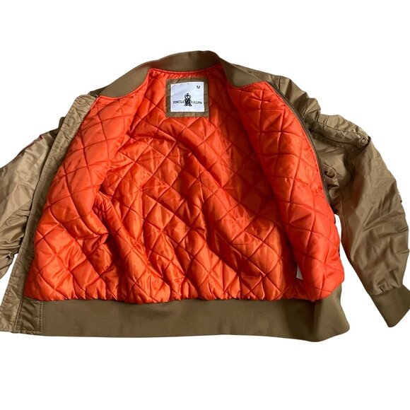Uncle Ralph Mens Medium Bomber Jacket With Embroidered Patches Beige & Orange - Picture 11 of 11